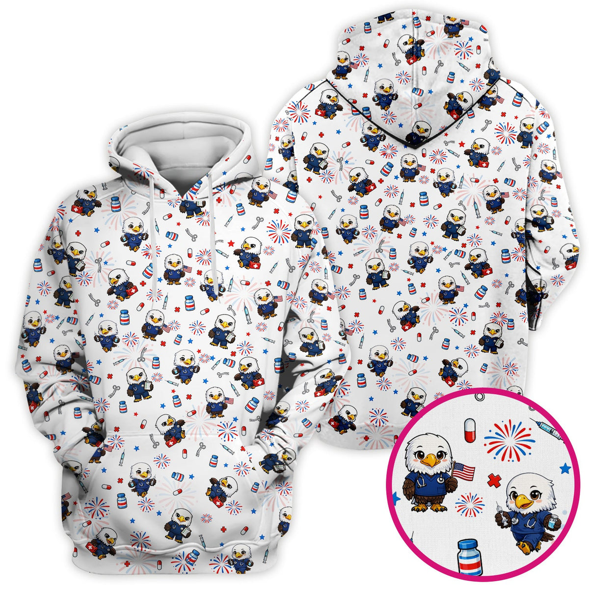 Patriotic Nurse Eagle Fireworks Medical Pattern Scrub Top, Breathable Fabrics Nursing Uniform