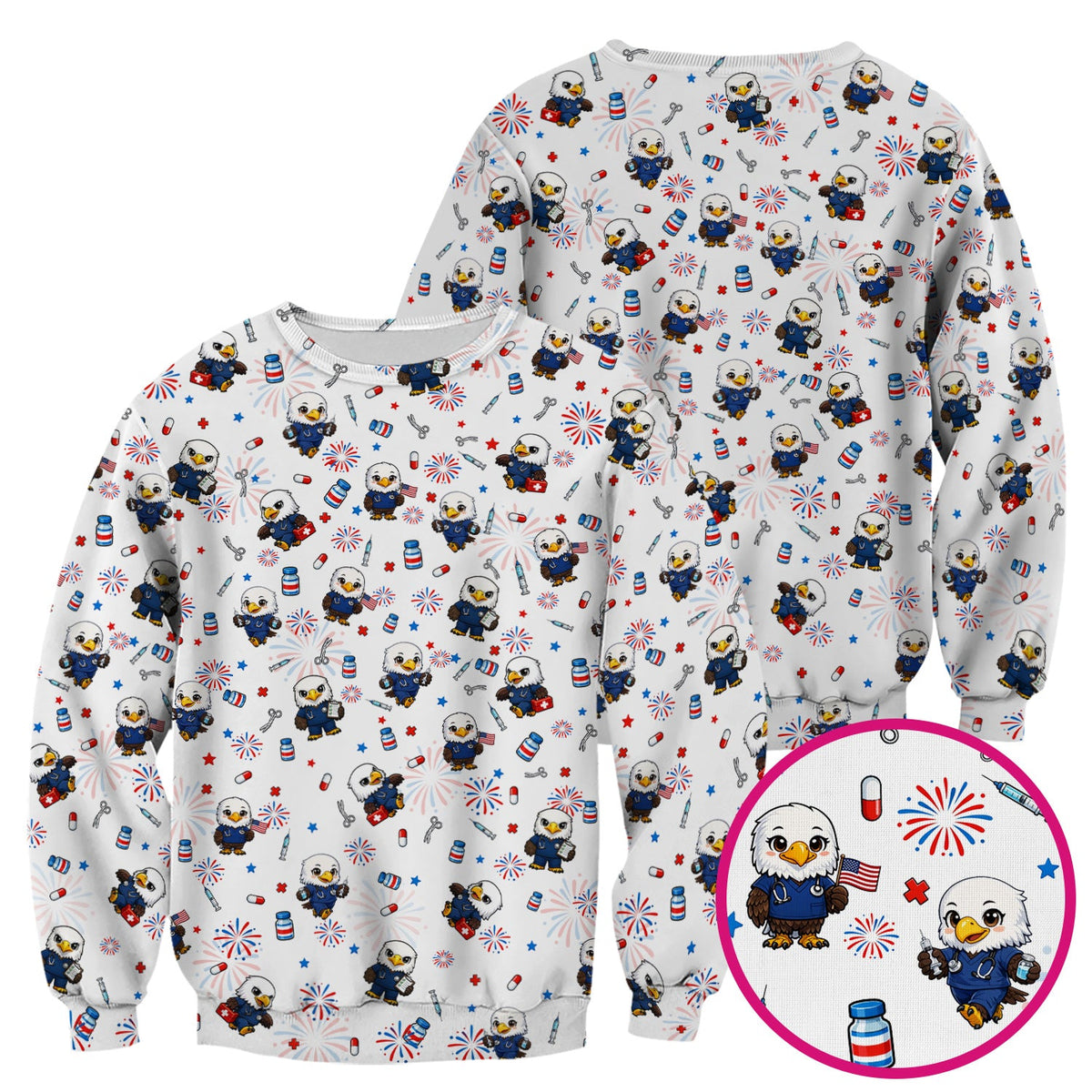 Patriotic Nurse Eagle Fireworks Medical Pattern Scrub Top, Breathable Fabrics Nursing Uniform