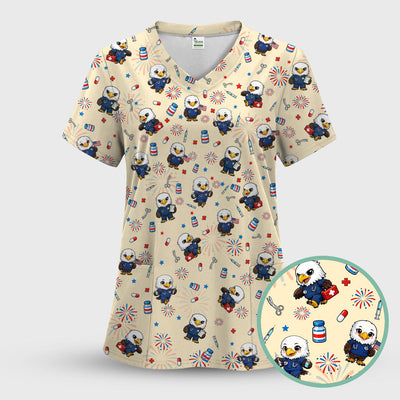 Patriotic Nurse Eagle Fireworks Medical Pattern Scrub Top, Breathable Fabrics Nursing Uniform