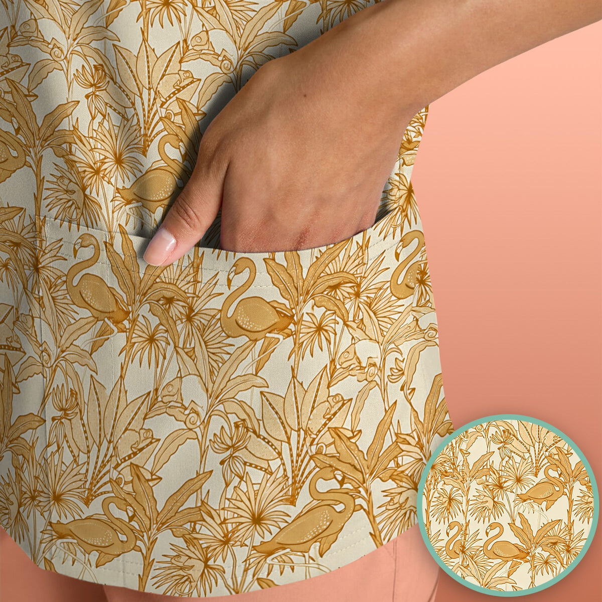 Tropical Flamingo Palm Leaves Pattern Scrub Top, Comfortable Scrubs for Nurses