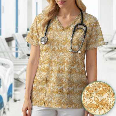 Tropical Flamingo Palm Leaves Pattern Scrub Top, Comfortable Scrubs for Nurses
