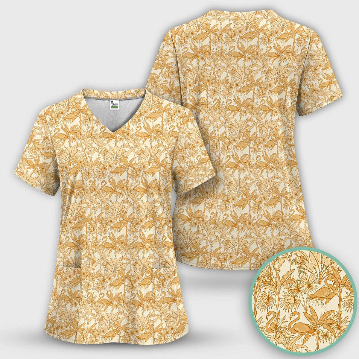 Tropical Flamingo Palm Leaves Pattern Scrub Top, Comfortable Scrubs for Nurses