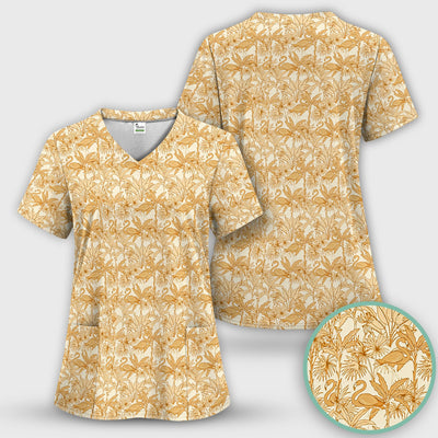 Tropical Flamingo Palm Leaves Pattern Scrub Top, Comfortable Scrubs for Nurses
