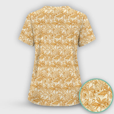 Tropical Flamingo Palm Leaves Pattern Scrub Top, Comfortable Scrubs for Nurses