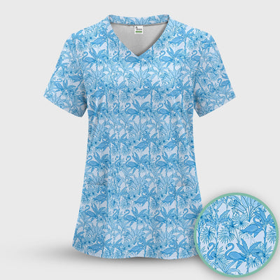 Tropical Flamingo Palm Leaves Pattern Scrub Top, Comfortable Scrubs for Nurses
