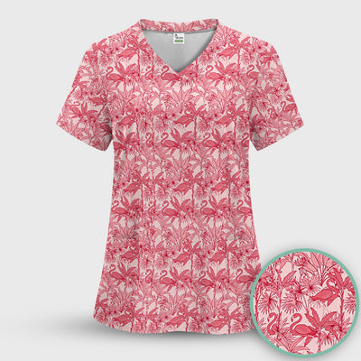 Tropical Flamingo Palm Leaves Pattern Scrub Top, Comfortable Scrubs for Nurses