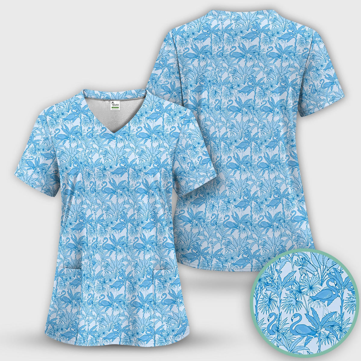 Tropical Flamingo Palm Leaves Pattern Scrub Top, Comfortable Scrubs for Nurses