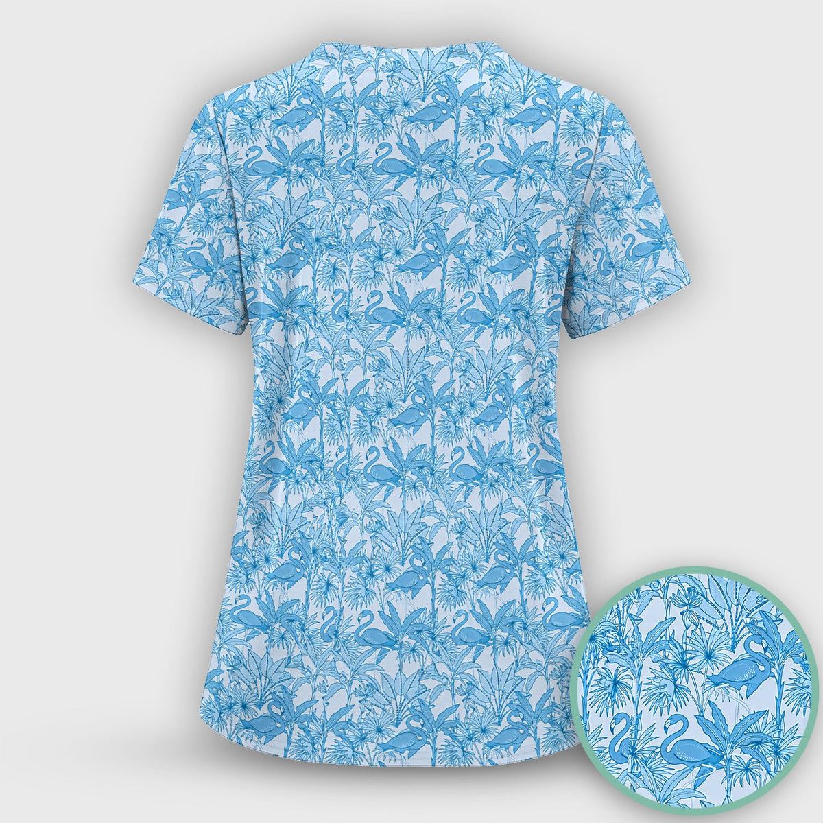 Tropical Flamingo Palm Leaves Pattern Scrub Top, Comfortable Scrubs for Nurses