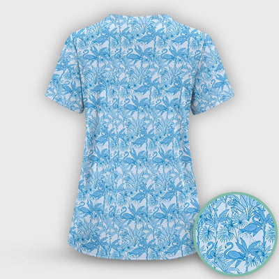 Tropical Flamingo Palm Leaves Pattern Scrub Top, Comfortable Scrubs for Nurses