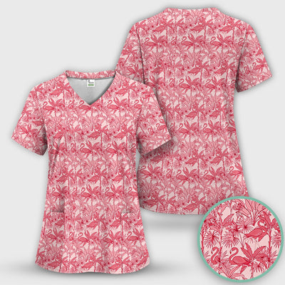 Tropical Flamingo Palm Leaves Pattern Scrub Top, Comfortable Scrubs for Nurses