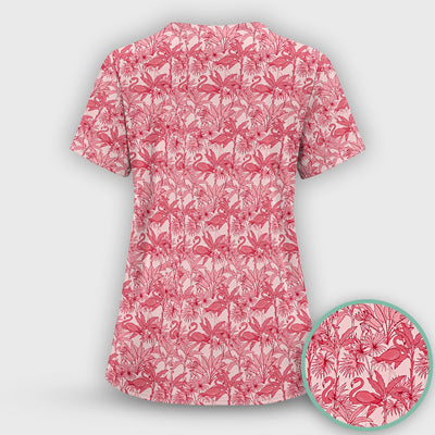 Tropical Flamingo Palm Leaves Pattern Scrub Top, Comfortable Scrubs for Nurses