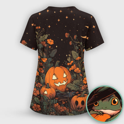 Cute Pumpkin and Frog Pattern Scrub Top, Comfortable Scrubs for Nurses, Gift Halloween for Pediatric Nurses, RN, CNA