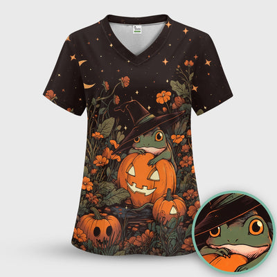 Cute Pumpkin and Frog Pattern Scrub Top, Comfortable Scrubs for Nurses, Gift Halloween for Pediatric Nurses, RN, CNA