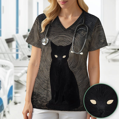 Black Cat Line Art Print Scrub Top, Comfortable Scrubs for Nurses