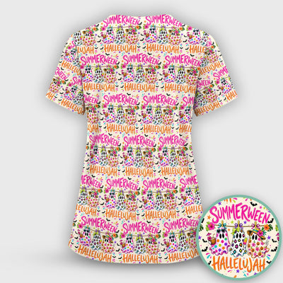 Summer Halloween Ghost Pattern Scrub Top, Comfortable Scrubs for Nurses