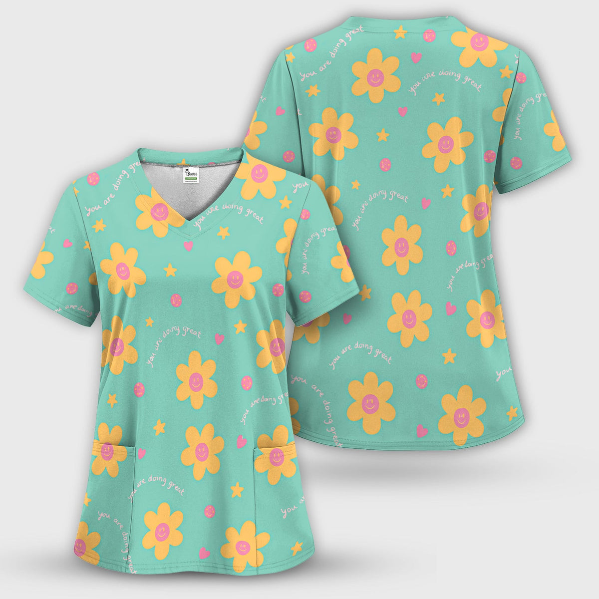 Cheerful Smiley Flower Pattern, Positive Medical Scrub Top, Comfortable Scrubs for Nurses