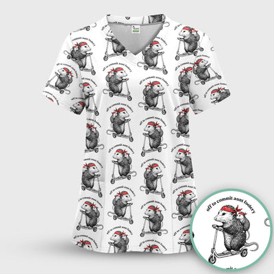 Aunt Foolery Opossum Pattern Scrub Top, Comfortable Scrubs for Nurses