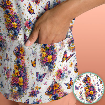 Cute Floral Cat With Butterfly Pattern Scrub Top, Comfortable Scrubs for Nurses