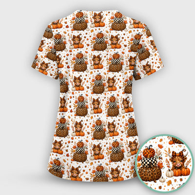 Fall Highland Cow Pattern Scrub Top, Comfortable Scrubs for Nurses