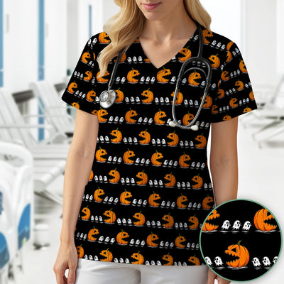 Spooky Halloween Pumpkin Ghost Scrub Top, Comfortable Scrubs for Nurses