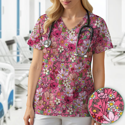 Pink Daisy Wildflower Nurse Pattern Scrub Top, Comfortable Scrubs for Nurses