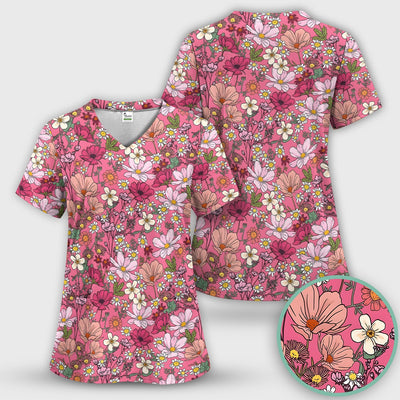 Pink Daisy Wildflower Nurse Pattern Scrub Top, Comfortable Scrubs for Nurses