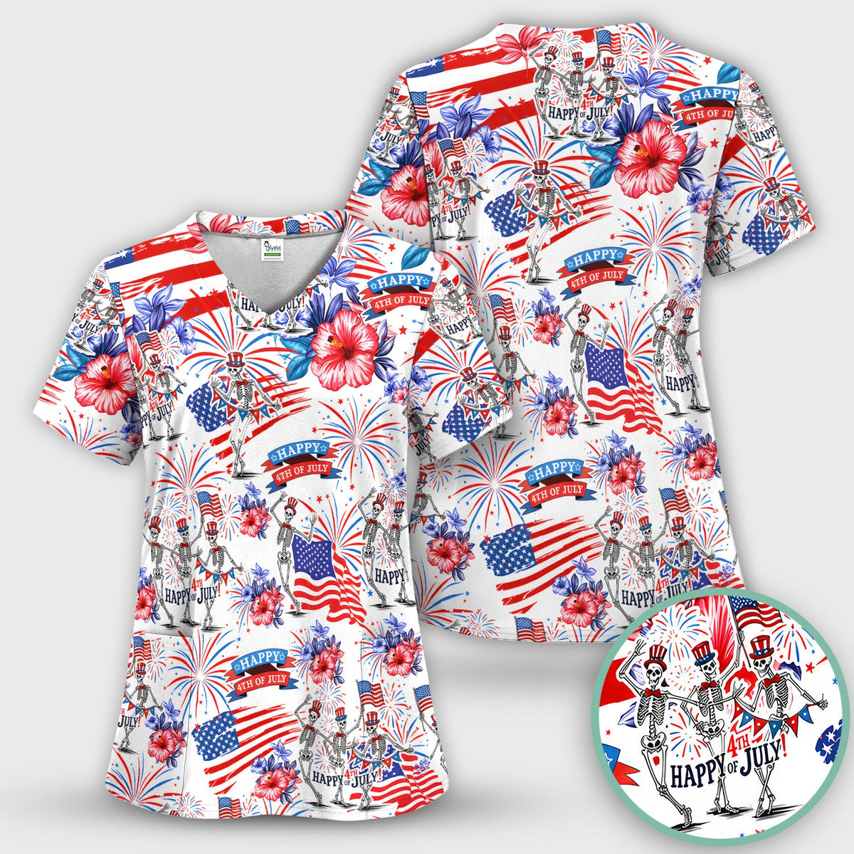 Funny 4th Of July Skeleton Nurse for RN & CNA, Patriotic Fireworks Medical Uniform Scrub Top, Comfortable Scrubs for Nurses