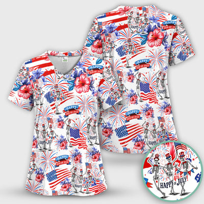 Funny 4th Of July Skeleton Nurse for RN & CNA, Patriotic Fireworks Medical Uniform Scrub Top, Comfortable Scrubs for Nurses