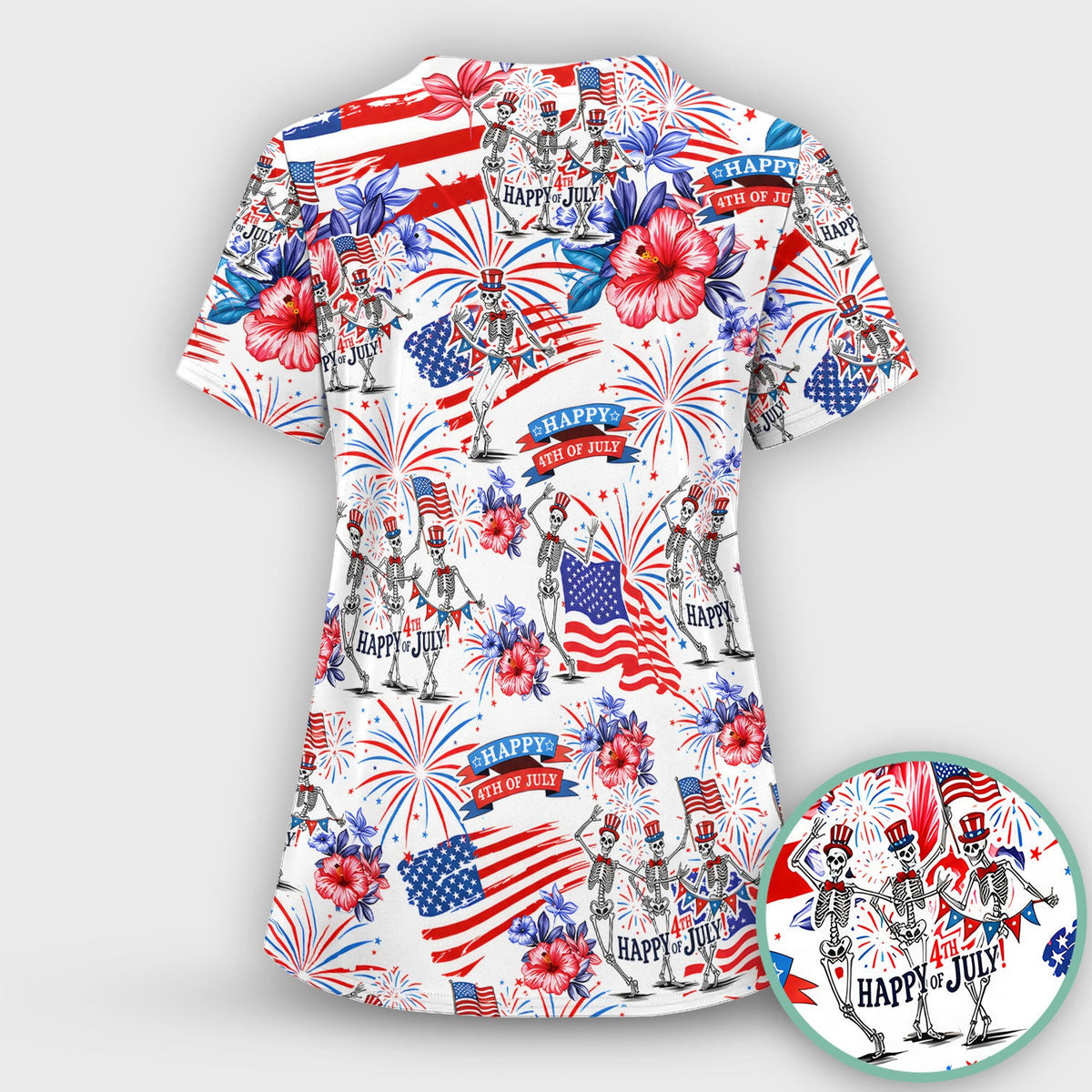 Funny 4th Of July Skeleton Nurse for RN & CNA, Patriotic Fireworks Medical Uniform Scrub Top, Comfortable Scrubs for Nurses