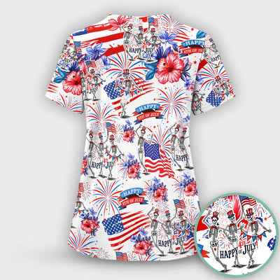 Funny 4th Of July Skeleton Nurse for RN & CNA, Patriotic Fireworks Medical Uniform Scrub Top, Comfortable Scrubs for Nurses