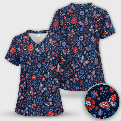 Patriotic Floral Butterfly Pattern Scrub Top, Comfortable Scrubs for Nurses