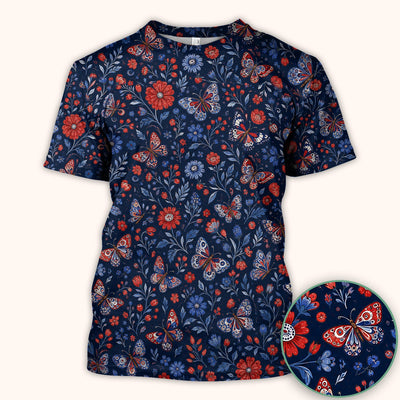 Patriotic Floral Butterfly Pattern Scrub Top, Comfortable Scrubs for Nurses