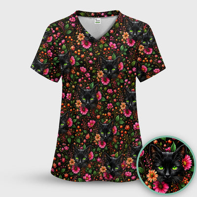 Adorable Black Cat Blossom Pattern Scrub Top, Comfortable Scrubs for Nurses