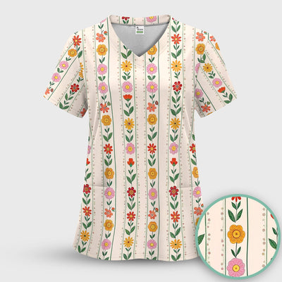 Retro Floral Stripe Nurse Scrub Top for RN, CNA, Healthcare Workers, Garden Bloom Uniform