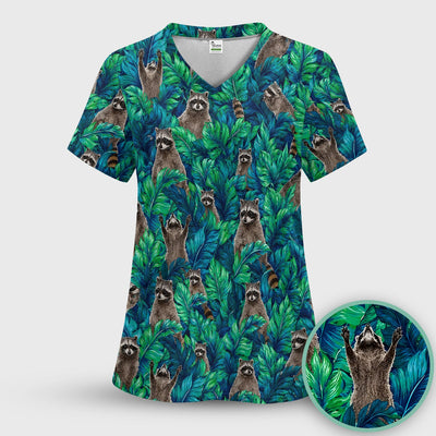 Tropical Raccoon Jungle Leaves Pattern Scrub Top, Comfortable Scrubs for Nurses