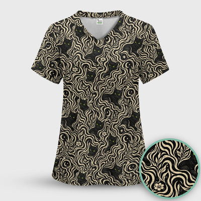 Mystical Black Cat Moonlit Pattern Scrub Top, Comfortable Scrubs for Nurses