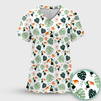 Tropical Toucan Leaf Floral Pattern Scrub Top, Comfortable Scrubs for Nurses