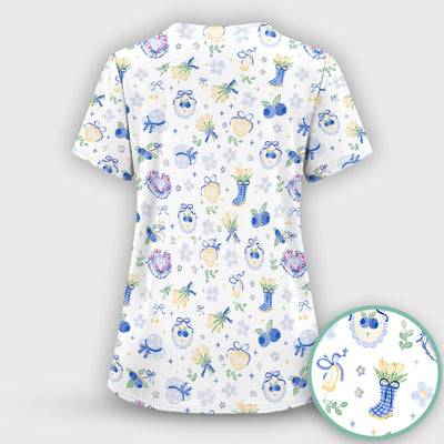Cute Blueberry Bow Print Scrub Top, Comfortable Scrubs for Nurses