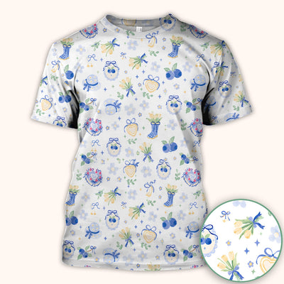 Cute Blueberry Bow Print Scrub Top, Comfortable Scrubs for Nurses