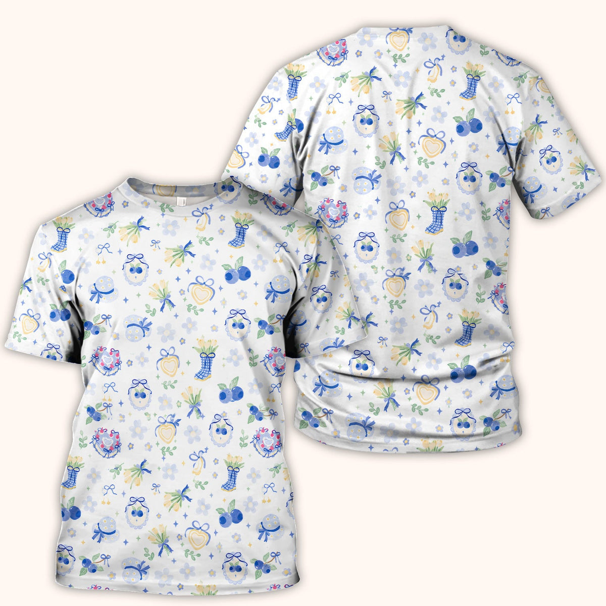 Cute Blueberry Bow Print Scrub Top, Comfortable Scrubs for Nurses