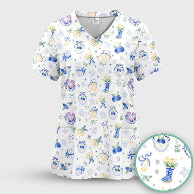 Cute Blueberry Bow Print Scrub Top, Comfortable Scrubs for Nurses