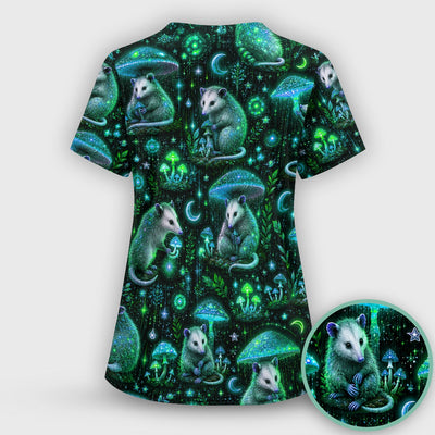 Moonlit Opossum Mushroom Pattern Scrub Top, Comfortable Scrubs for Nurses