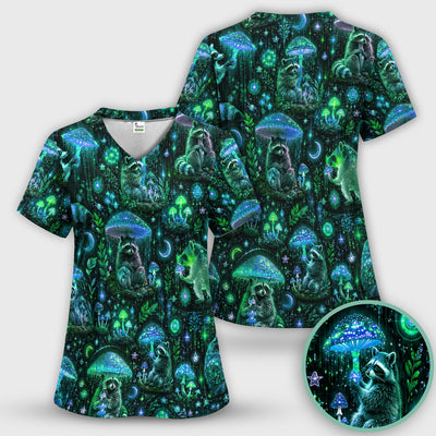 Glowing Raccoon Forest Pattern Scrub Top, Comfortable Scrubs for Nurses