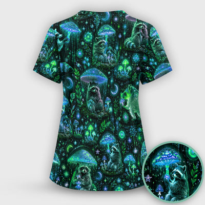 Glowing Raccoon Forest Pattern Scrub Top, Comfortable Scrubs for Nurses