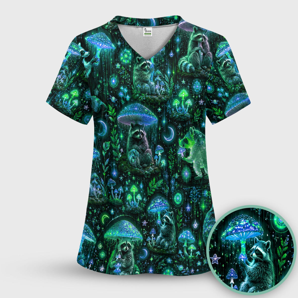 Glowing Raccoon Forest Pattern Scrub Top, Comfortable Scrubs for Nurses
