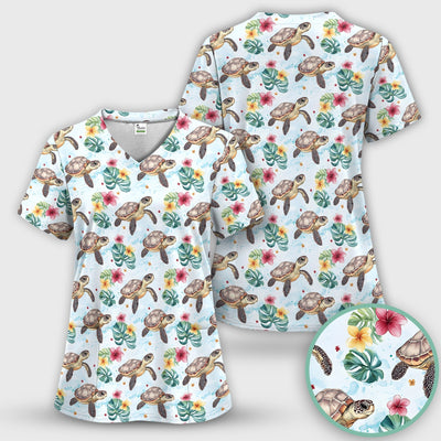 Sea Turtle Tropical Floral Pattern Scrub Top, Comfortable Scrubs for Nurses
