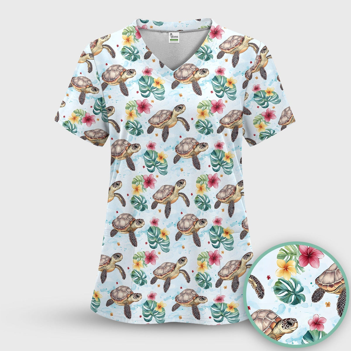Sea Turtle Tropical Floral Pattern Scrub Top, Comfortable Scrubs for Nurses