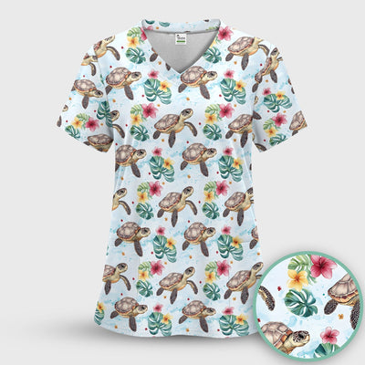 Sea Turtle Tropical Floral Pattern Scrub Top, Comfortable Scrubs for Nurses