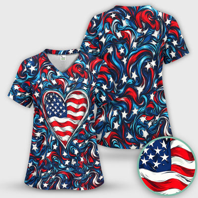 American Flag Heart Pattern Scrub Top, Comfortable Scrubs for Nurses