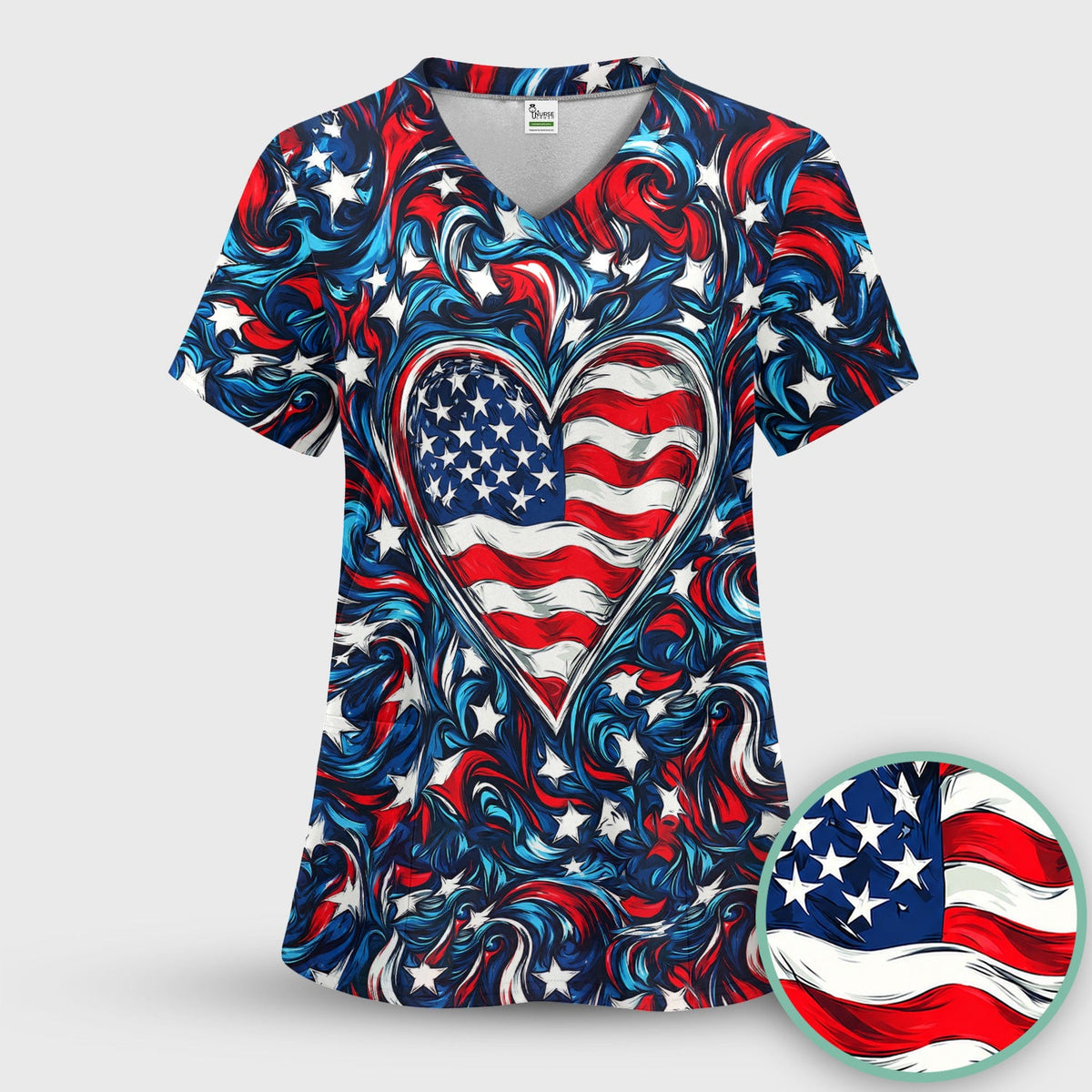 American Flag Heart Pattern Scrub Top, Comfortable Scrubs for Nurses